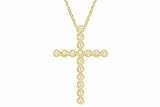 14K Yellow Gold Cross Pendant Enhanced with Filigree Bezel Set Diamonds, Sliding on a 16 Cable-Chain Necklace