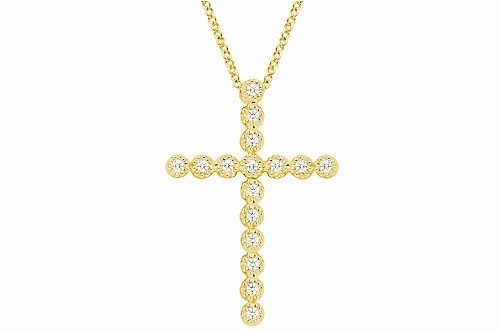 14K Yellow Gold Cross Pendant Enhanced with Filigree Bezel Set Diamonds, Sliding on a 16