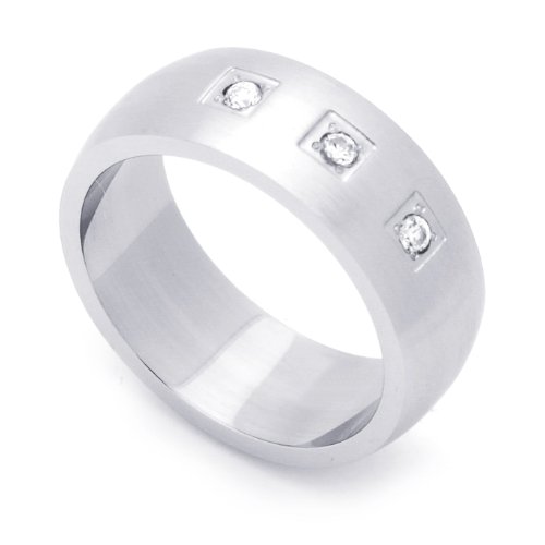 8MM Stainless Steel CZ Three Stone Bezel Set Domed Wedding Band Ring (Size 8 to 14)