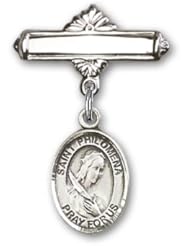 Sterling Silver Baby Badge with St. Philomena Charm and Polished Badge Pin