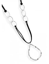 MMA Silver - 16 inch Black Leather Necklace with Hammered Links and Smoky Quartz