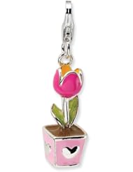 Sterling Silver 3-D Pink Enameled Potted Tulip w/Lobster Claw Clasp Clasp Charm