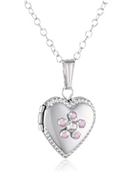 Sterling Silver Childrens Bracelet and Locket Pendant Necklace Set Adjustable Bracelet with Pink Flowers Embossed Heart Locket Pendant Necklace with Pink Flower, 13"