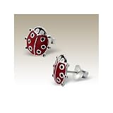 Red and Black Ladybug Stud Earrings in Sterling Silver for Girls