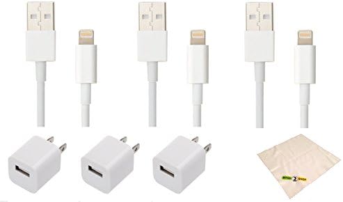 Mygo2shop iPhone 6 Lighting Cable 8 pin Data and Sync + USB Charger Compatible with Iphone 5,5s,5c,6 & Plus 3 Foot Long Lightning Cable White 3 X Iphone 5 Cables Plus 3 X USB Wall Chargers + Microfiber Cleaning Cloth