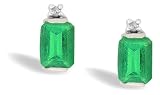 14K White Gold Genuine Emerald-cut Emerald and Diamond Earrings