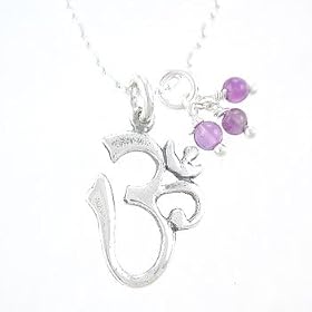 Om or Aum Pendant in Sterling Silver with Beads of Amethyst on a 16" Bead Bar Chain, #8115