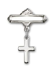 Sterling Silver Baby Badge with Cross Charm and Polished Badge Pin
