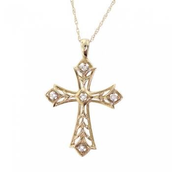 Yellow Gold Ornate Scroll Cross Pendant w/ Diamonds