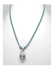 Light Blue Skull Leather Necklace In 92.5 Sterling Silver