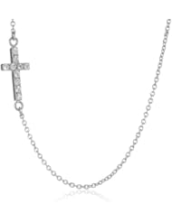 Stainless Steel  Side Cross Charm and Cubic Zirconia Rolo Chain Necklace