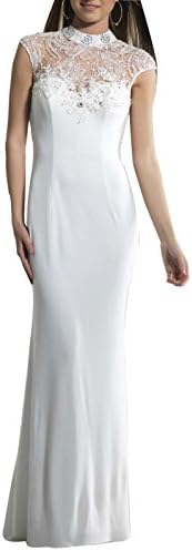 Sherrydress Women's Full Length High Neck Cap Sleeve Beaded Column Party Dress