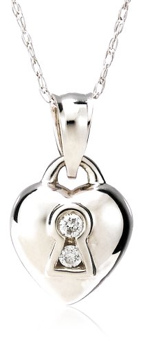 14k White Gold Diamond Heart Keyhole Pendant (.04 cttw, J Color, I2 Clarity), 18