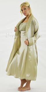 Silk Long Robe and Matching Long Slip Set with Velvet Accents - Pebble