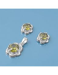 Sterling Silver Green CZ Flower Stud Style Earring Pendant Set