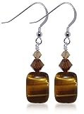 Tiger Eye Gemstone Swarovski Crystal 925 Sterling Silver French Ear Wire Hook Dangle Earrings