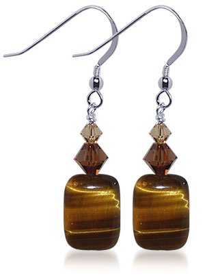 Tiger Eye Gemstone Swarovski Crystal 925 Sterling Silver French Wire Hook Dangle Earrings