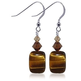 Tiger Eye Gemstone Swarovski Crystal 925 Sterling Silver French Ear Wire Hook Dangle... by 