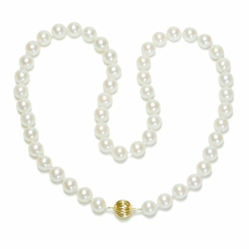 14k Yellow Gold Saltwater Cultured Akoya Pearl AA Grade 7-7.5mm Necklace, 16″