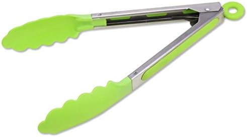 10" Salad Tongs / ( BBQ ) Barbecue Tongs - Stainless Steel Food Tongs with Silicone Tips for Extra Grip ( Apple Green )