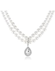 Roman Bride Simulated Pearl and Crystal 2-Row Teardrop Necklace, 21.5"