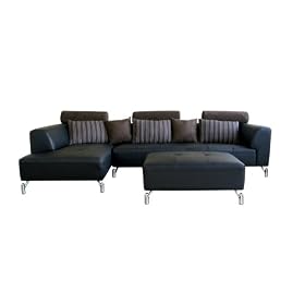 Baxton Studio Saviero 2-Piece Leather Sofa Sectional with Ottoman, Black