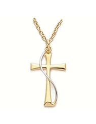 Sterling Silver 14K Gold Finish Flared Cross with Silver Sash on 18" gold chian Cross Necklaces Gold Crosses Gift Boxed.w/Chain 18" Length Gift Boxed.