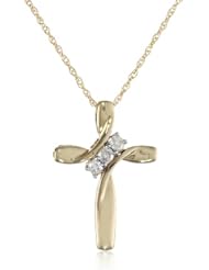 10k Yellow Gold Three Stone Cross 1/10 cttw Pendant Necklace, 18"