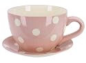 Ethos Giant Cup & Saucer Planter / Fruit Bowl, Pink Polka Dots Design, In Colour Box