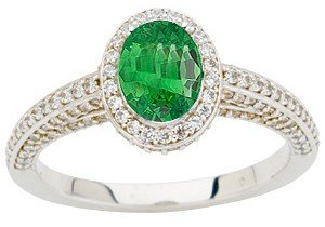 Intricate Diamond Pave Ring, 1.50 carats Diamond set with Genuine Tsavorite Garnet GEM Oval Cut