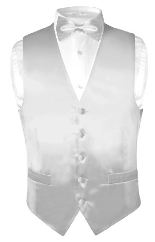Unparalleled Biagio Men's Solid SILVER GREY SILK Dress Vest Bow Tie Set for Suit or Tuxedo