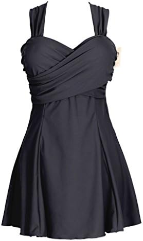 Women's Elegant Crossover One Piece Swimdress Skirted Bottom Swimsuit (FBA) pearl black 10