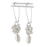 Elegant White Pearl & Crystal Bead Long Drop Designer Earwire Earrings in Silver Gift Box