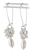 Elegant White Pearl & Crystal Bead Long Drop Designer Earwire Earrings in Silver Gift Box