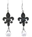 Sterling Silver Black Fleur De Lis Hanging Earrings