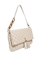 Beige and cream quilted foldover shoulder handbag with chain strap and tassel