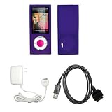 Premium Purple Soft Silicone Gel Skin Cover Case + Wall Travel/Home Charger + USB Data Charge Sync Cable for Apple iPod Nano 5G, 5th Generation