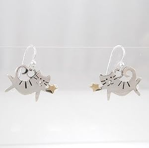 Dancing Cat Dangle Earrings in Sterling Silver with Brass Star, #8924