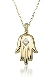 Yellow Gold Plated Sterling Silver Hamsa Hand Pendant w/ Cubic Zirconia Accent, 18