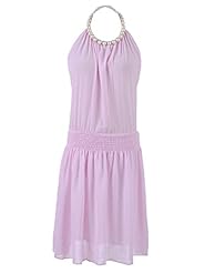 Shirred Pleated  Halter Sleeveless  Dress With Pearls