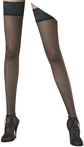 Omero Efira 15 Stay ups Ð A luxurious 15 denier stay-up/thigh high with Floral Lace Band. Made using double covered lycra. imported from Italy (Black, Medium)