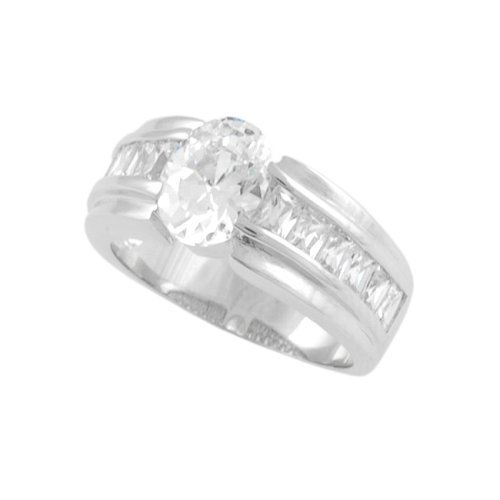 Sterling Silver Oval Cut CZ Ring with CZ Stones on Band