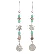 Long Dangle Earrings of Turquoise Czech Glass with Sterling Silver Turtles, Disc and Flower Embossed Cubes, #8035