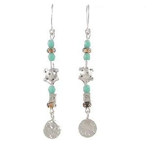 Long Dangle Earrings of Turquoise Czech Glass with Sterling Silver Turtles, Disc and Flower Embossed Cubes, #8035
