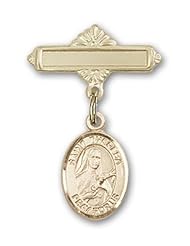 Gold Filled Baby Badge with St. Theresa Charm and Polished Badge Pin