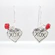 Double Side Heart XOX (Hugs and Kisses) Dangle Earrings in Sterling Silver with Coral Gemstone Bead Accents, #8643
