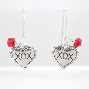 Double Side Heart XOX (Hugs and Kisses) Dangle Earrings in Sterling Silver with Coral Gemstone Bead Accents, #8643