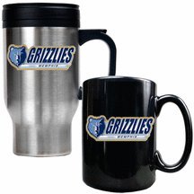 Memphis Grizzlies Stainless Steel Travel Mug and Black Ceramic Mug Set (with "Grizzlies")