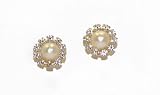 14k Yellow Gold Stud Earrings With 10 Stone 8mm White Cubic Zirconia Circle and 5mm Freshwater Cultured Pearl In The Center