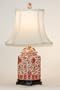 Scalloped Oval Coral and White Porcelain Table Lamp with Oval Silk Shade